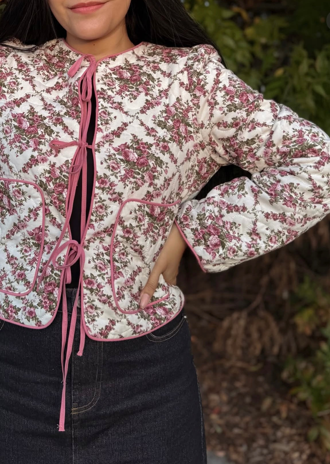 Ecru Rose Print Quilted Jacket 🌸