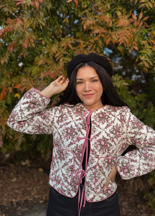 Ecru Rose Print Quilted Jacket 🌸
